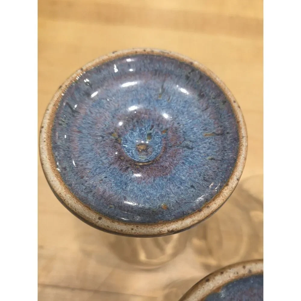 Set of 3 Vintage Studio Pottery Stoneware Wine Glasses Blue Brown Drip Stem
